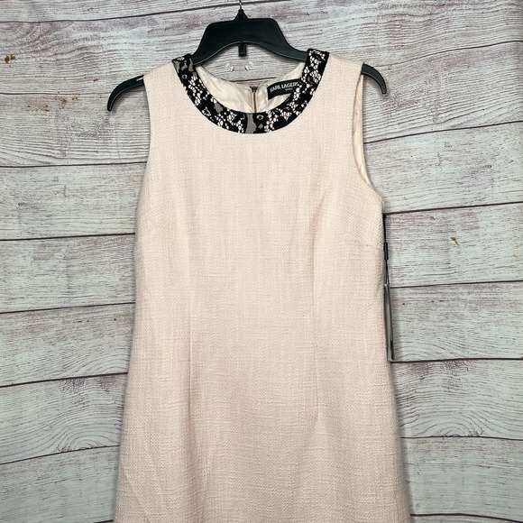 Karl Lagerfeld Paris Flounce Lace Trim Tweed Sheath Dress Blush New Size 8 - Picture 6 of 9